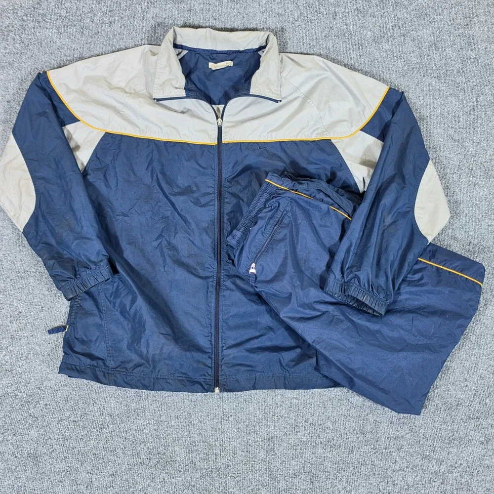 Y2K 2000s Nike Mens 2XL Colorblock Tracksuit Windbreaker Set Navy Blue Grey Flaw